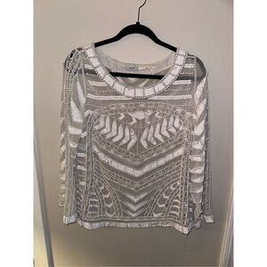 Kimchi Blue Anthropologie White Beaded Sequin Blouse Large Sheer Cut Out